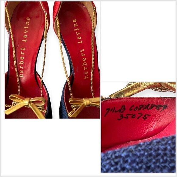 Vintage Herbert Levine Red & Navy D'Orsey Pumps with Gold Chain & bow trim, 7.5B - Picture 11 of 16